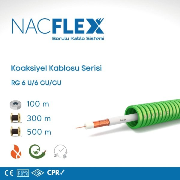 RG6 U6 CU/CU + 16mm Ø KOAKSİYEL SPİRAL BORULU KABLO (100M)