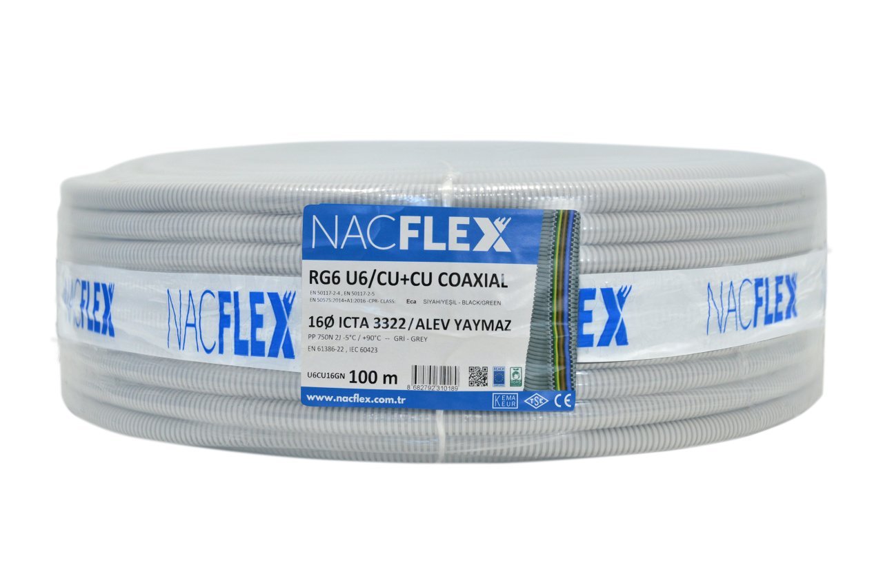 RG6 U6 CU/CU + 16mm Ø KOAKSİYEL SPİRAL BORULU KABLO (100M)
