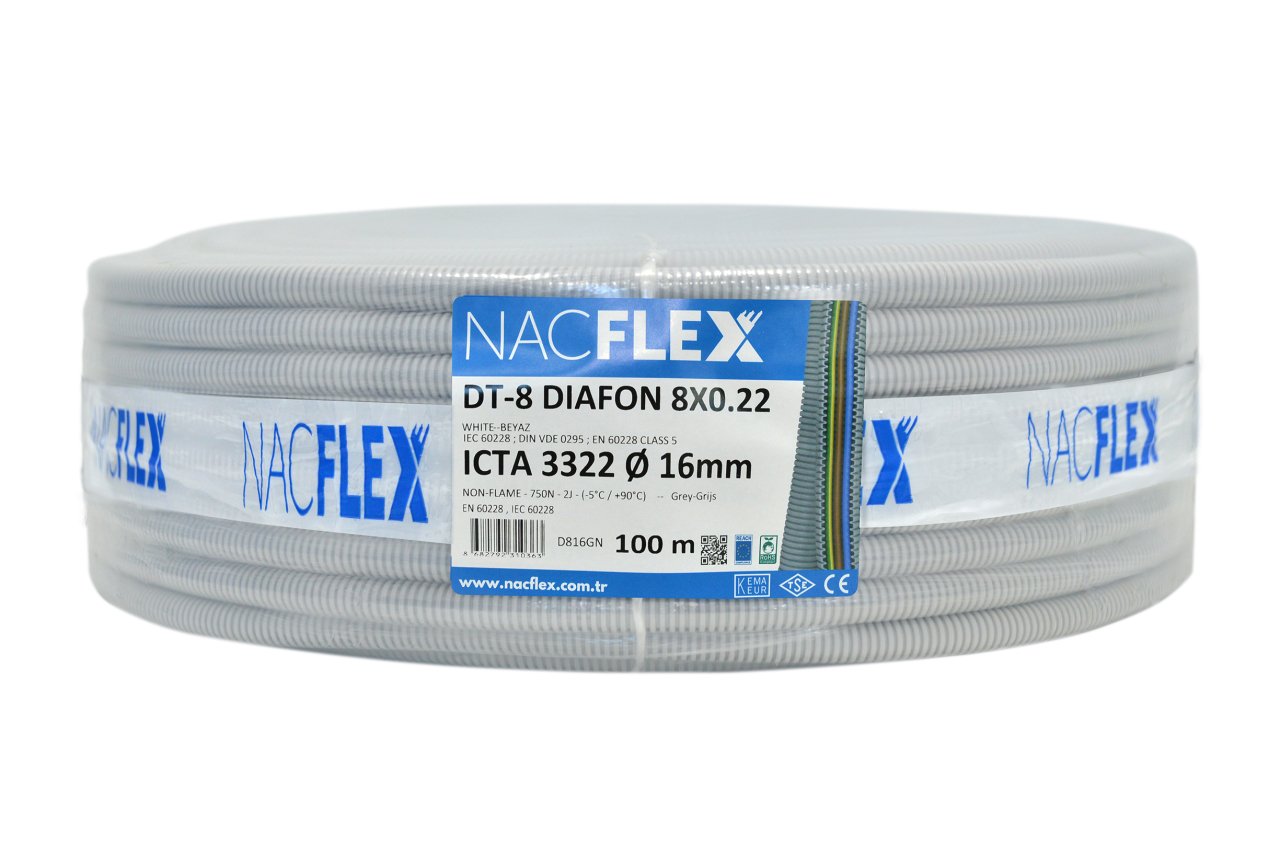DT-8X0.22 DİYAFON + 16mm Ø SPİRAL BORULU KABLO (100M)